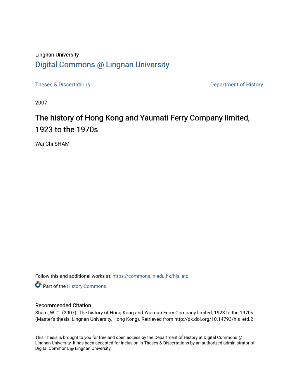The History of Hong Kong and Yaumati Ferry Company Limited, 1923 to the 1970S