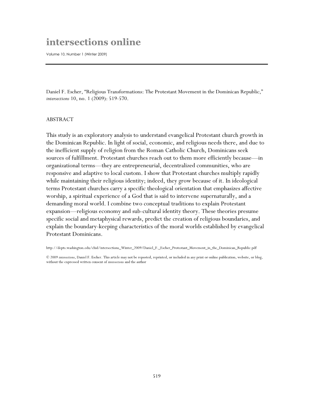 Religious Transformations: the Protestant Movement in the Dominican Republic,” Intersections 10, No