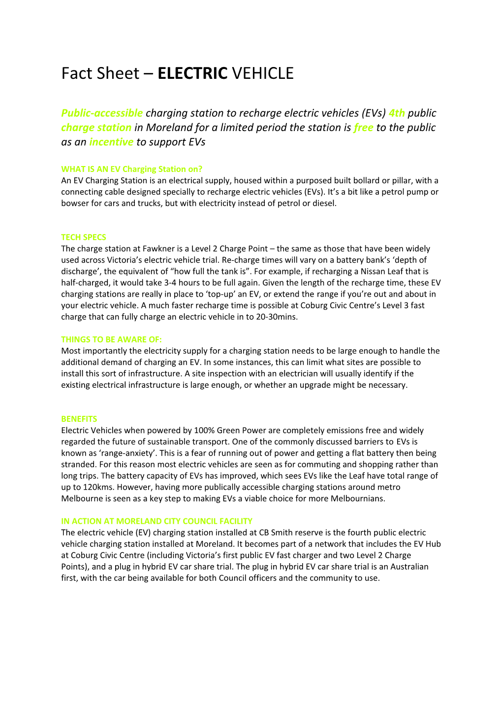 Fact Sheet ELECTRIC VEHICLE