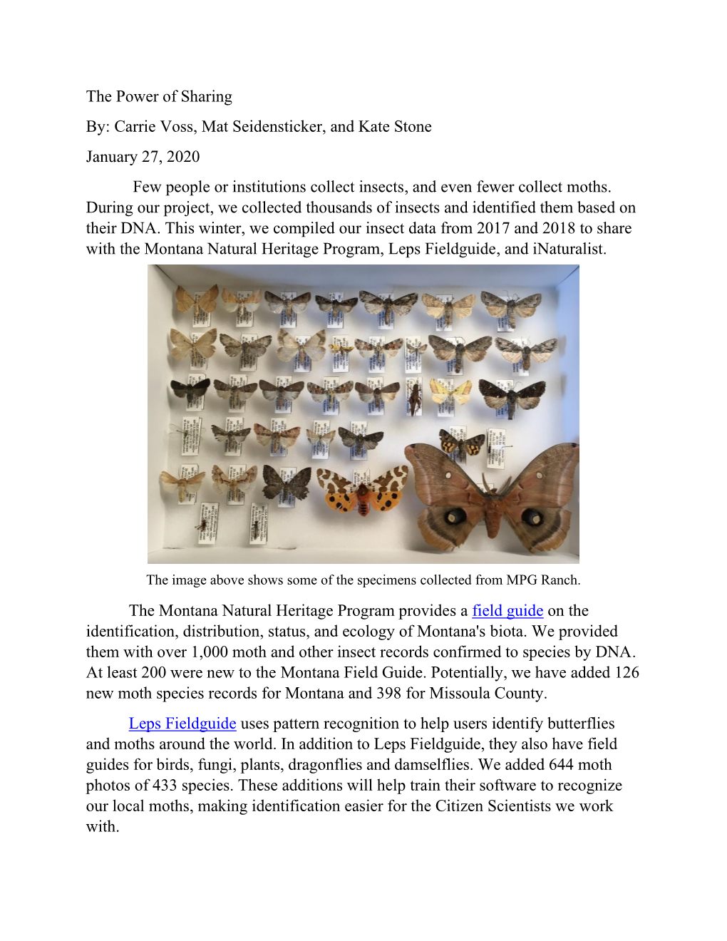 The Power of Sharing By: Carrie Voss, Mat Seidensticker, and Kate Stone January 27, 2020 Few People Or Institutions Collect Insects, and Even Fewer Collect Moths
