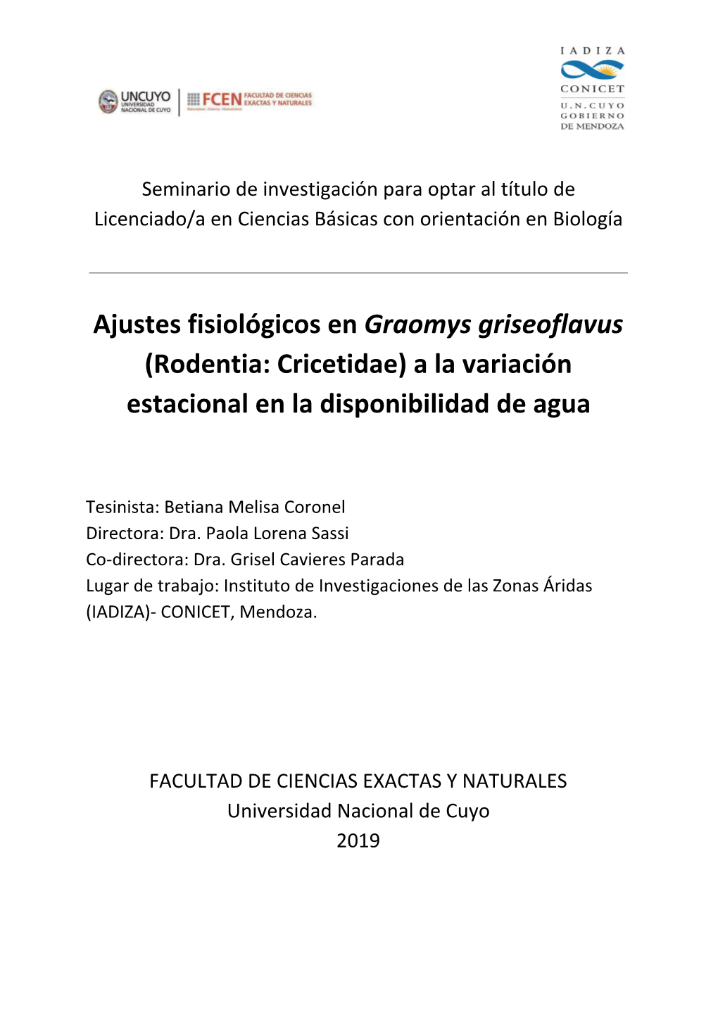 Ajustes Fisiológicos En ​Graomys Griseoflavus (Rodentia: Cricetidae