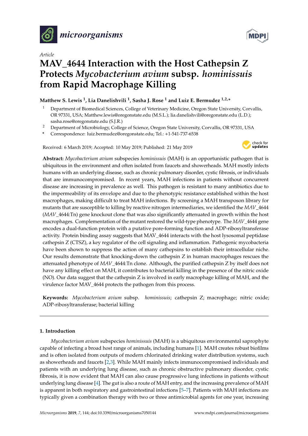 MAV 4644 Interaction with the Host Cathepsin Z Protects Mycobacterium Avium Subsp. Hominissuis from Rapid Macrophage Killing