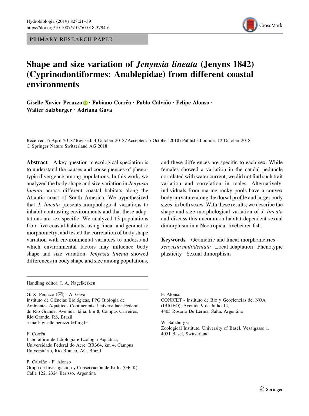 Shape and Size Variation of Jenynsia Lineata (Jenyns 1842) (Cyprinodontiformes: Anablepidae) from Different Coastal Environments