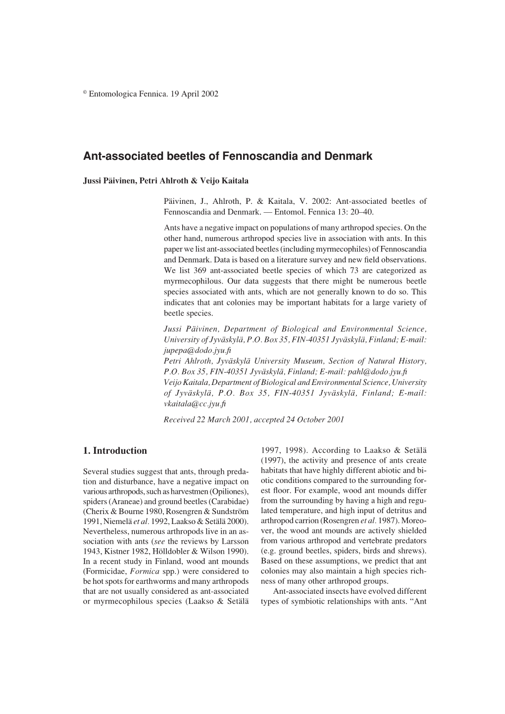 Ant-Associated Beetles of Fennoscandia and Denmark