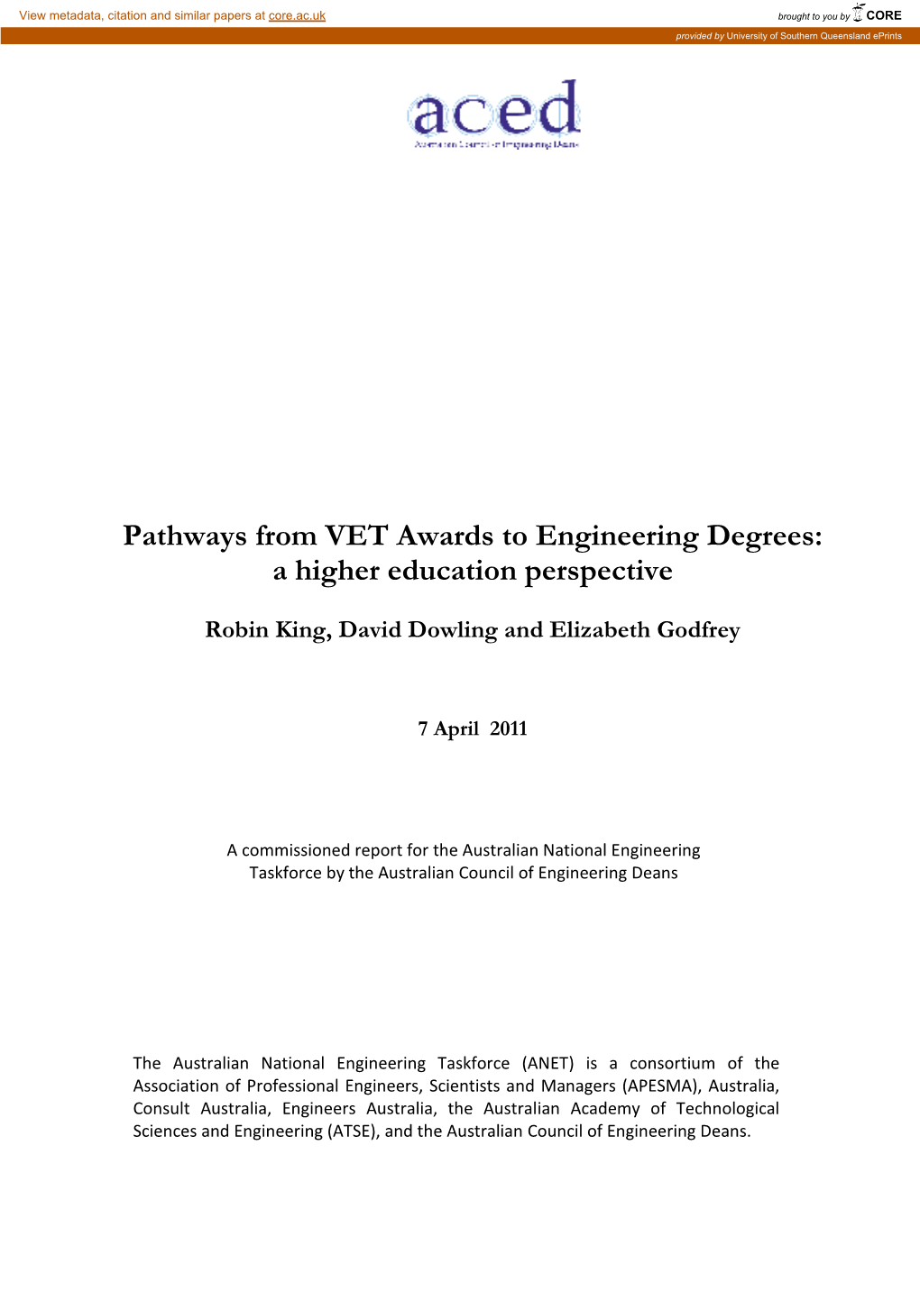 Pathways from VET Awards to Engineering Degrees