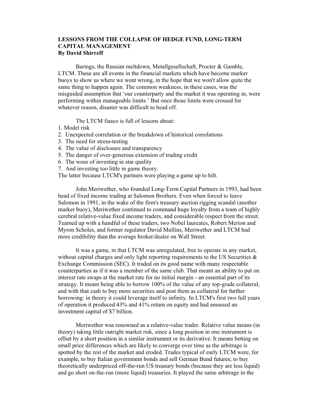 LESSONS from the COLLAPSE of HEDGE FUND, LONG-TERM CAPITAL MANAGEMENT by David Shirreff