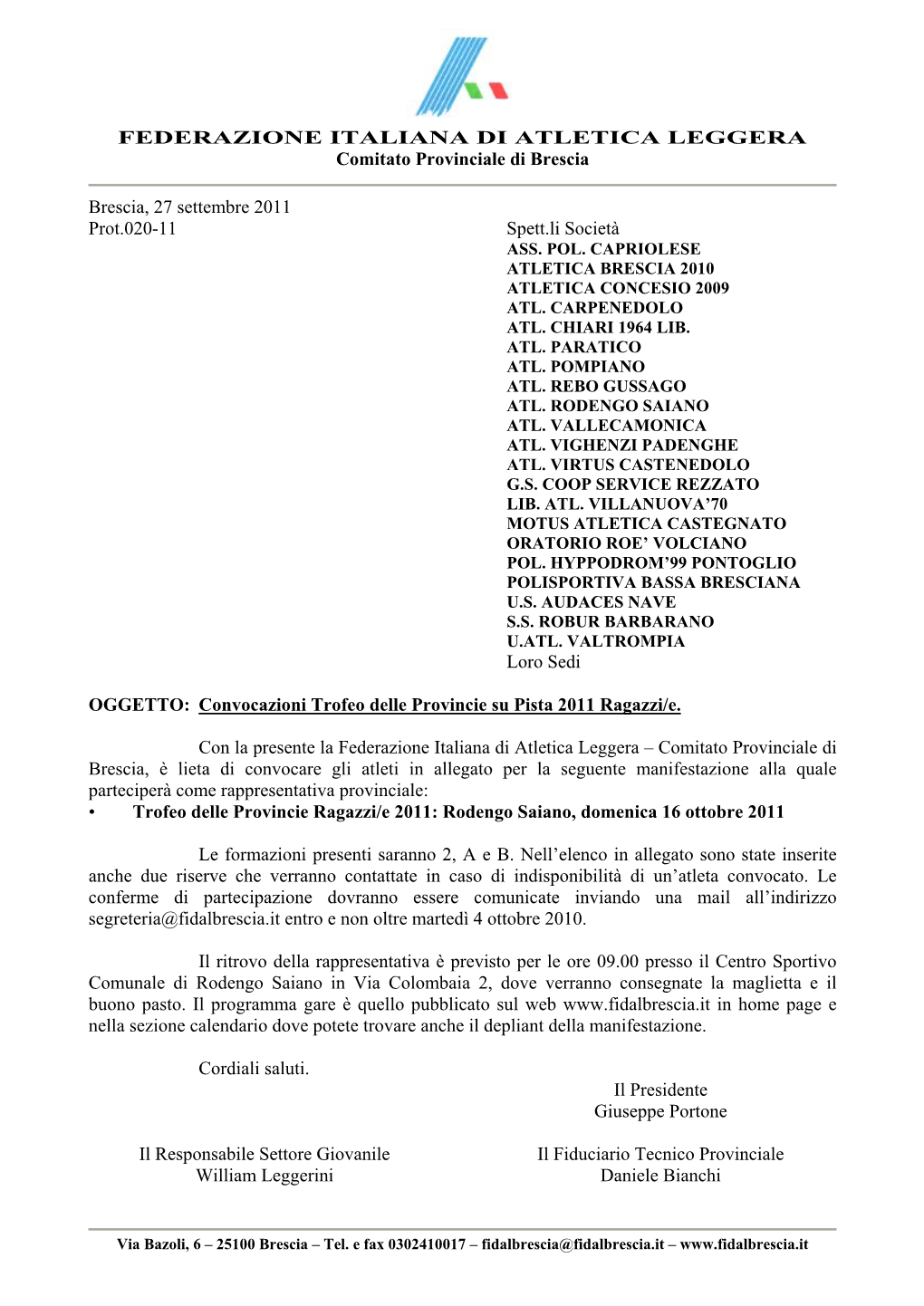 FEDERAZIONE ITALIANA DI ATLETICA LEGGERA Comitato Provinciale Di Brescia