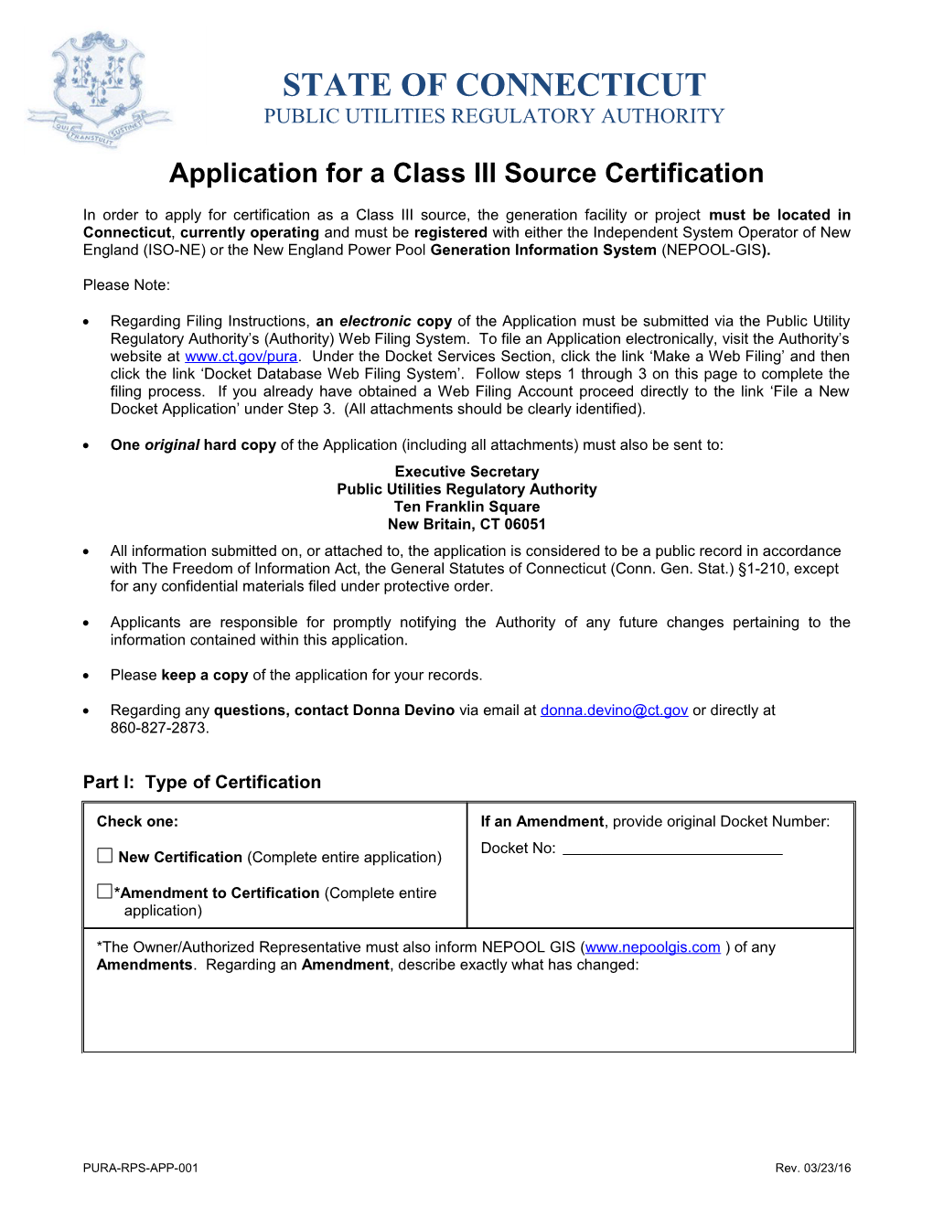 Application For A Class I Or Class II Renewable Energy Source Certification