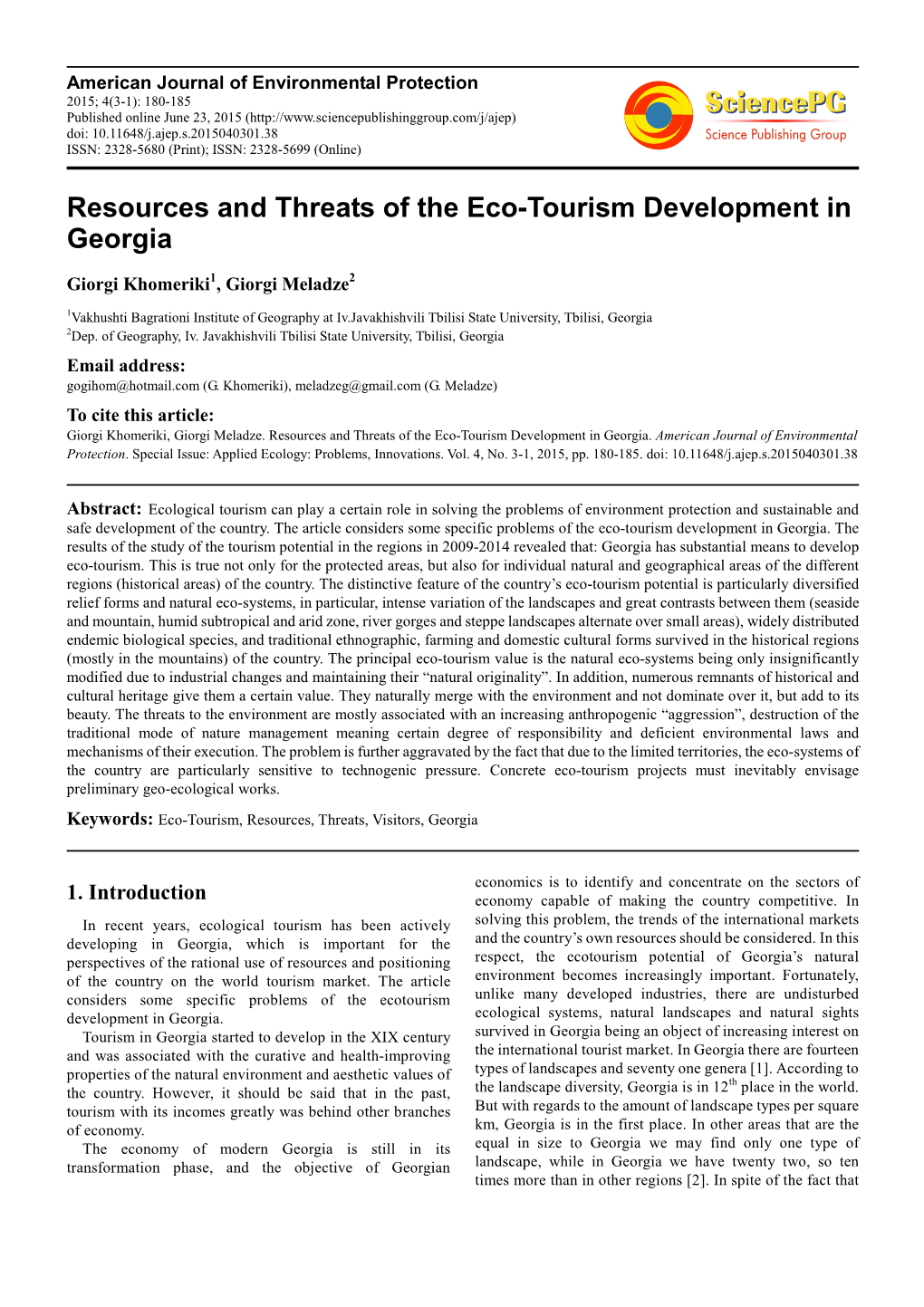 Resources and Threats of the Eco-Tourism Development in Georgia