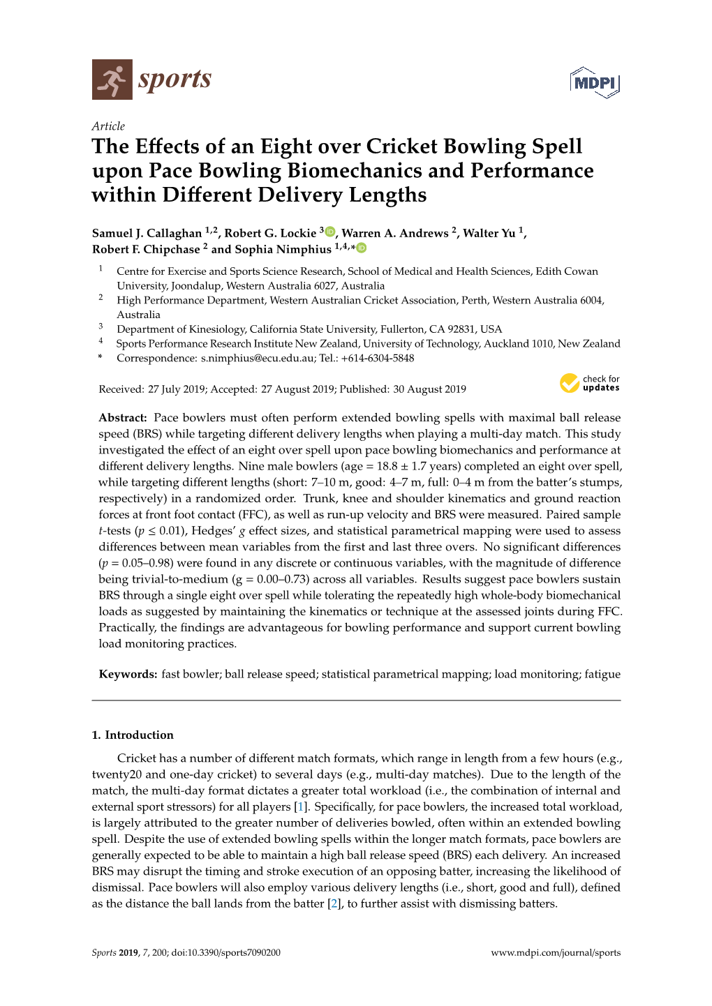 The Effects of an Eight Over Cricket Bowling Spell Upon Pace Bowling