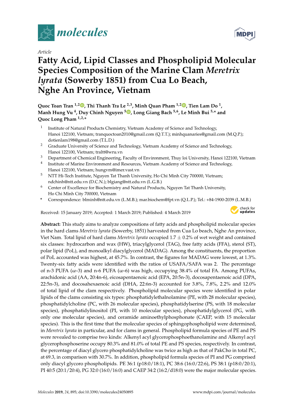 Fatty Acid, Lipid Classes and Phospholipid Molecular Species