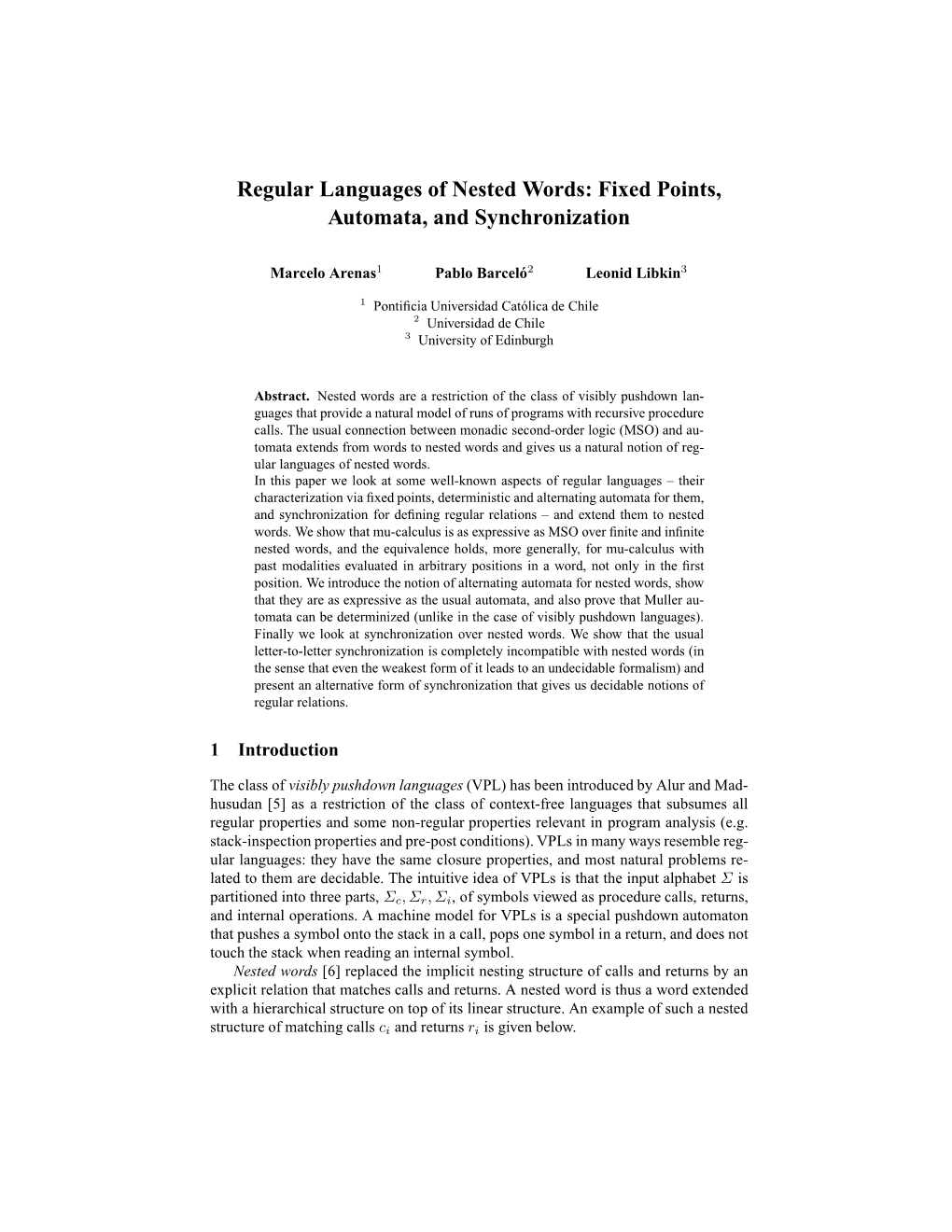 Regular Languages of Nested Words: Fixed Points, Automata, and Synchronization