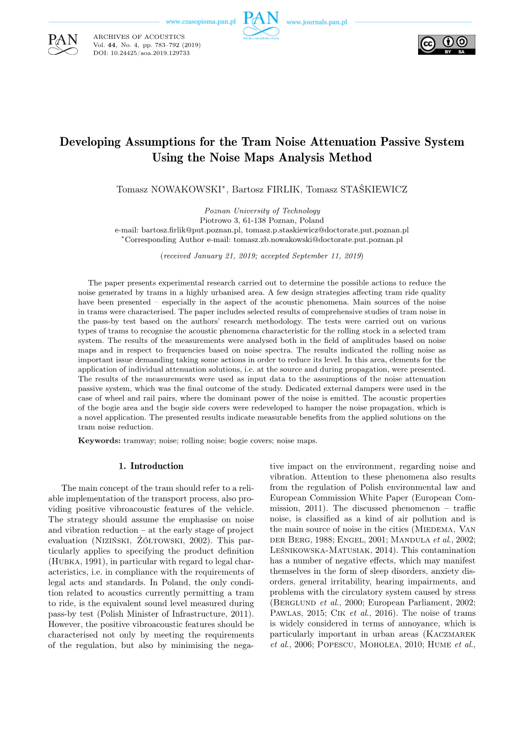 Developing Assumptions for the Tram Noise Attenuation Passive System Using the Noise Maps Analysis Method