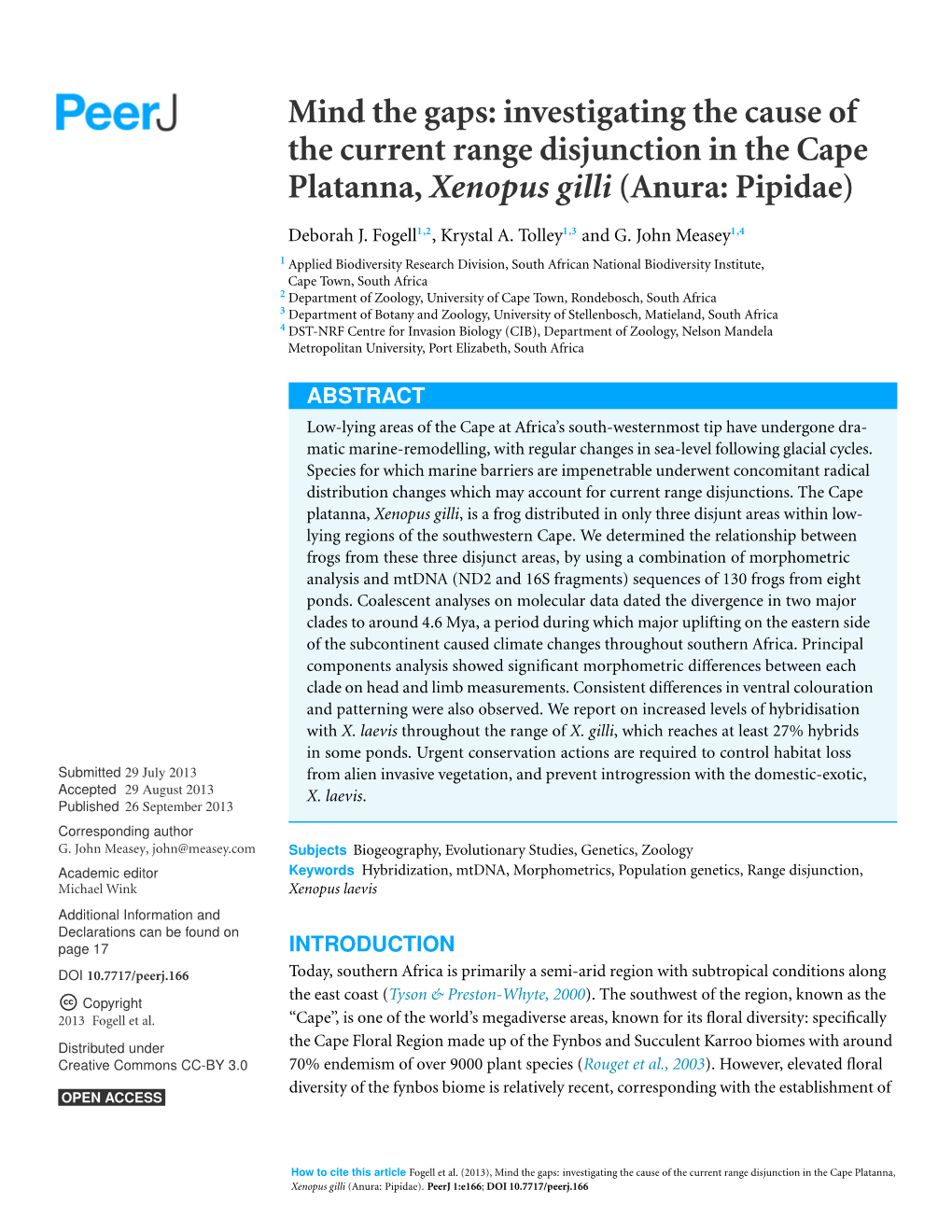 Investigating the Cause of the Current Range Disjunction in the Cape Platanna, Xenopus Gilli (Anura: Pipidae)