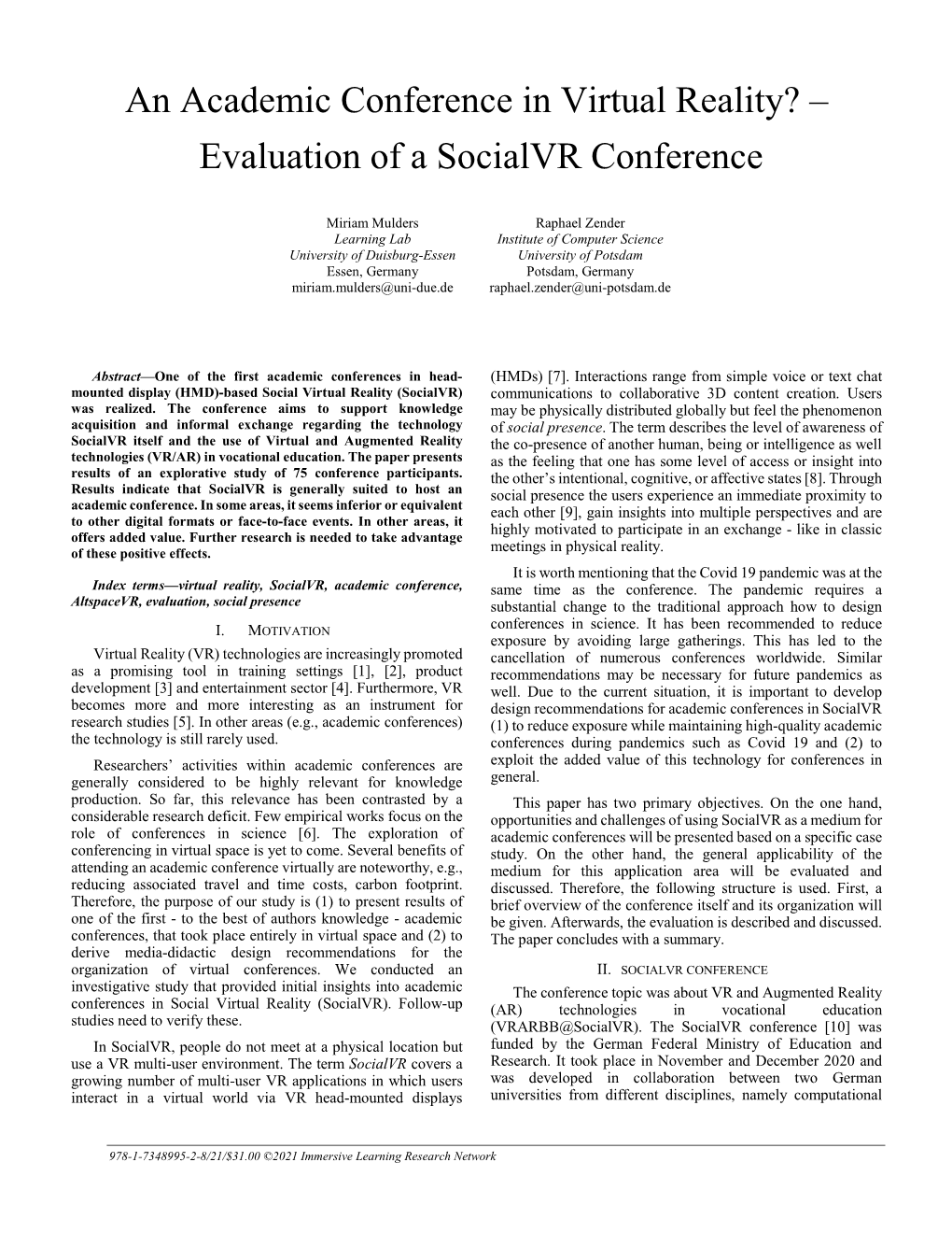 An Academic Conference in Virtual Reality? –
