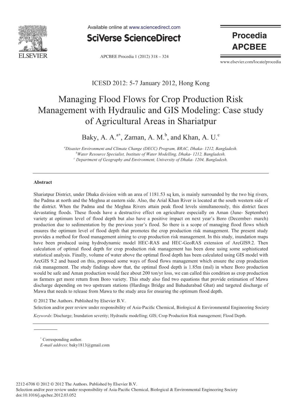 Managing Flood Flows for Crop Production Risk Management with Hydraulic and GIS Modeling: Case Study of Agricultural Areas in Shariatpur