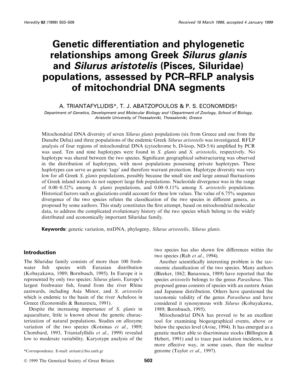 Pisces, Siluridae) Populations, Assessed by PCR±RFLP Analysis of Mitochondrial DNA Segments