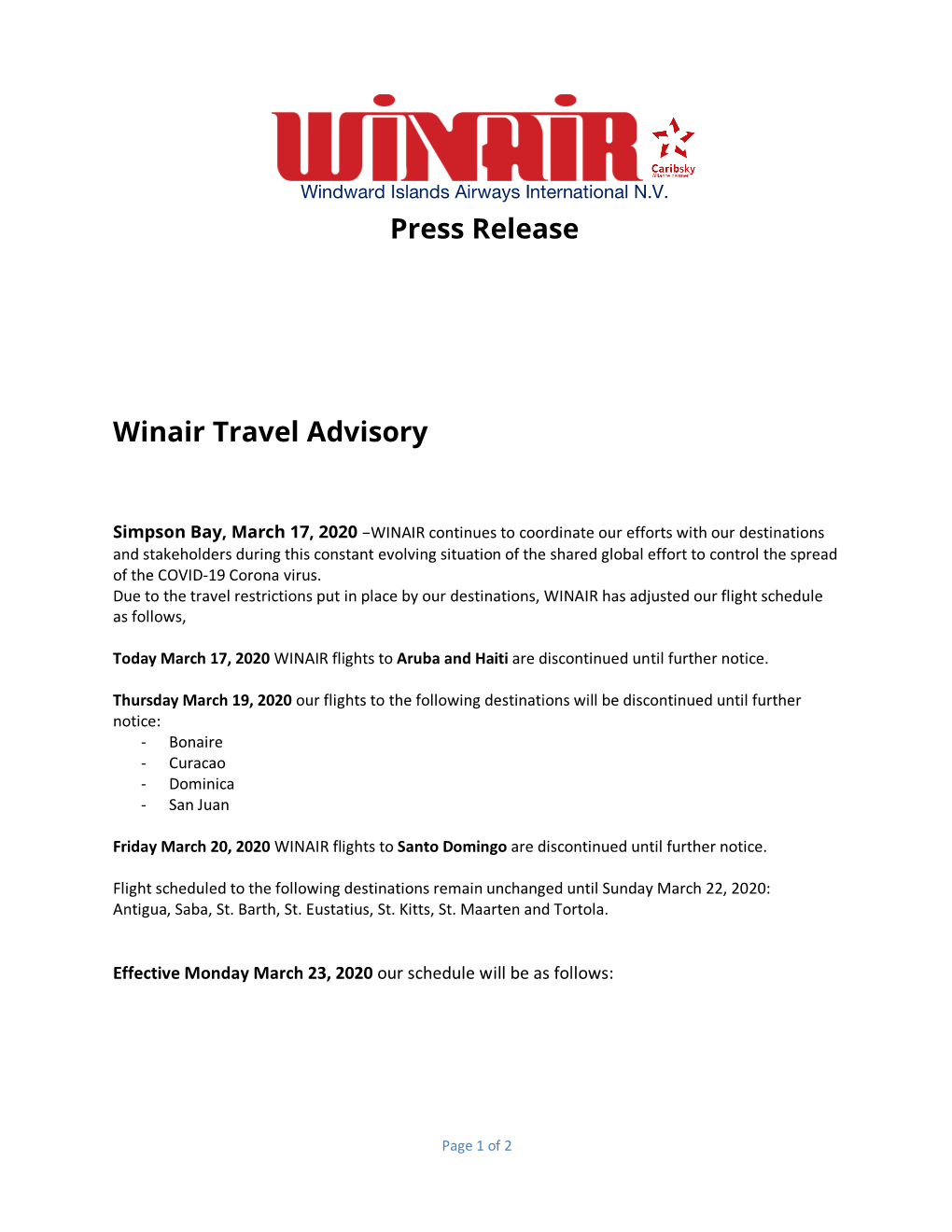 Press Release Winair Travel Advisory