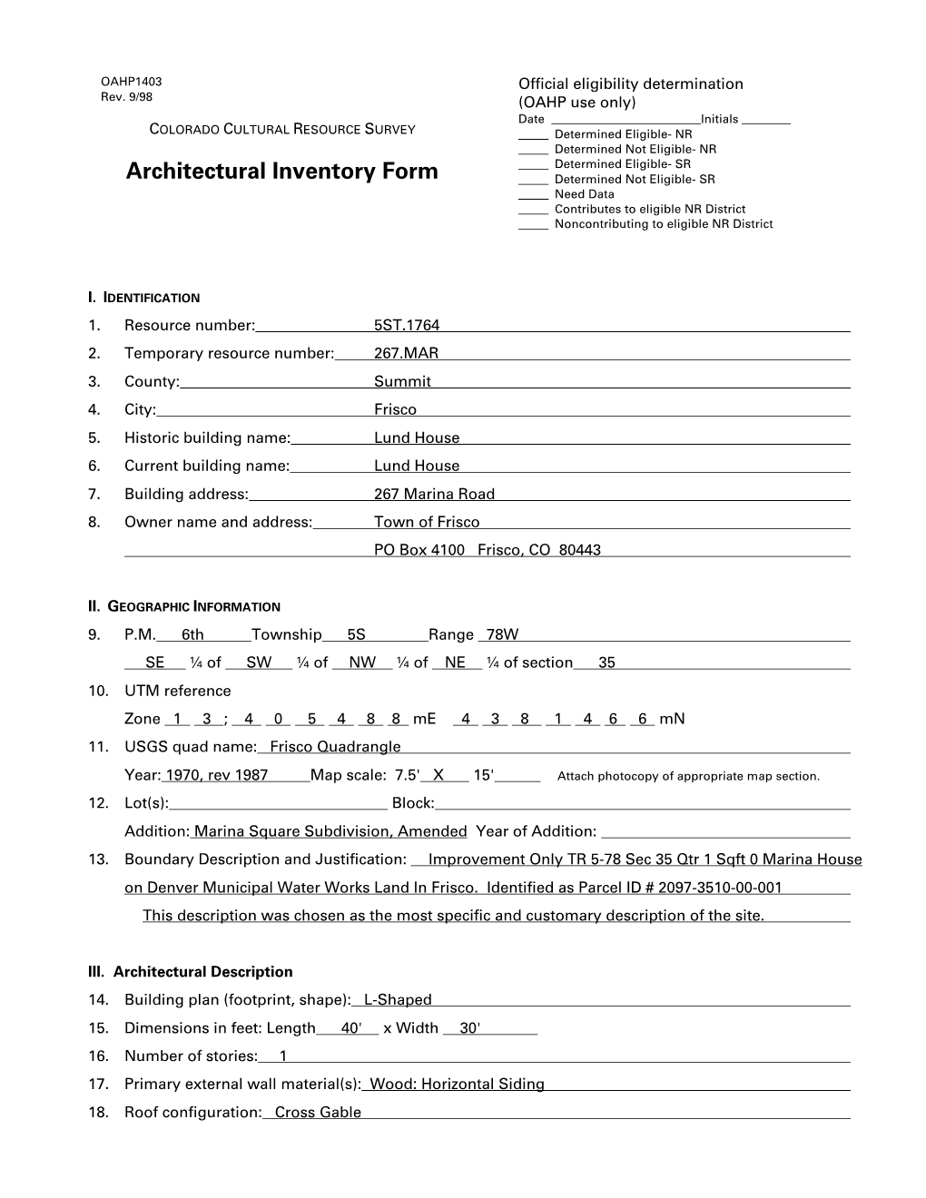 Historic Architectural Inventory Forms