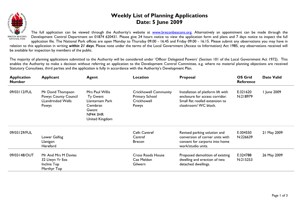 Weekly List of Planning Applications Date: 5 June 2009