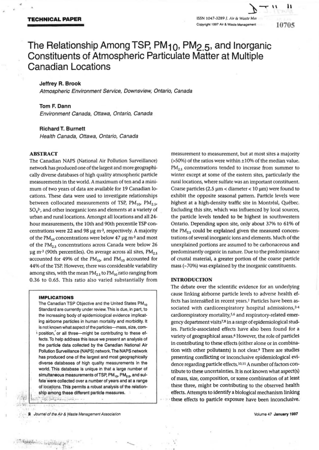 The Relationship Among TSP, PM 1 Q, PM2.S, and Inorganic Constituents of Atmospheric Particulate Matter at Multiple Canadian