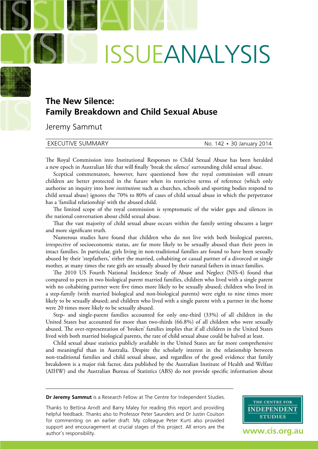 The New Silence: Family Breakdown and Child Sexual Abuse Jeremy Sammut