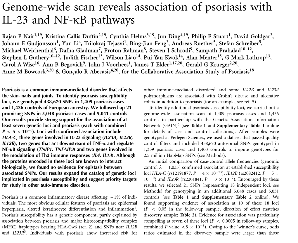 Genome-Wide Scan Reveals Association of Psoriasis with IL-23 and NF-Kb Pathways