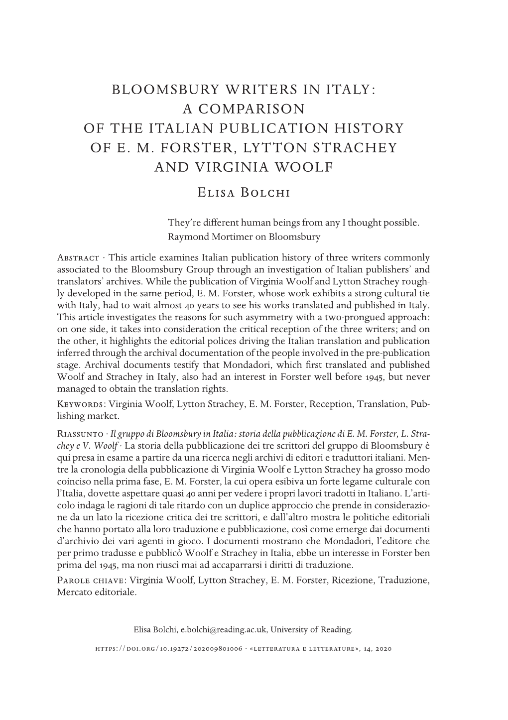 Bloomsbury Writers in Italy: a Comparison of the Italian Publication History of E. M. Forster, Lytton Strachey and Virginia Wool