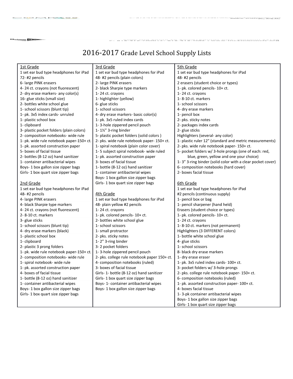 2016-2017 Grade Level School Supply Lists