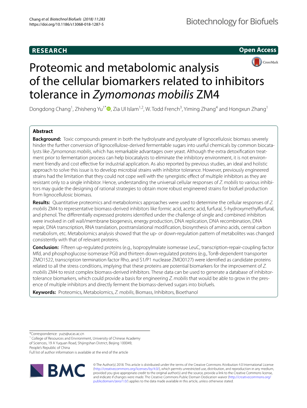 Proteomic and Metabolomic Analysis of the Cellular Biomarkers Related to Inhibitors Tolerance in Zymomonas Mobilis