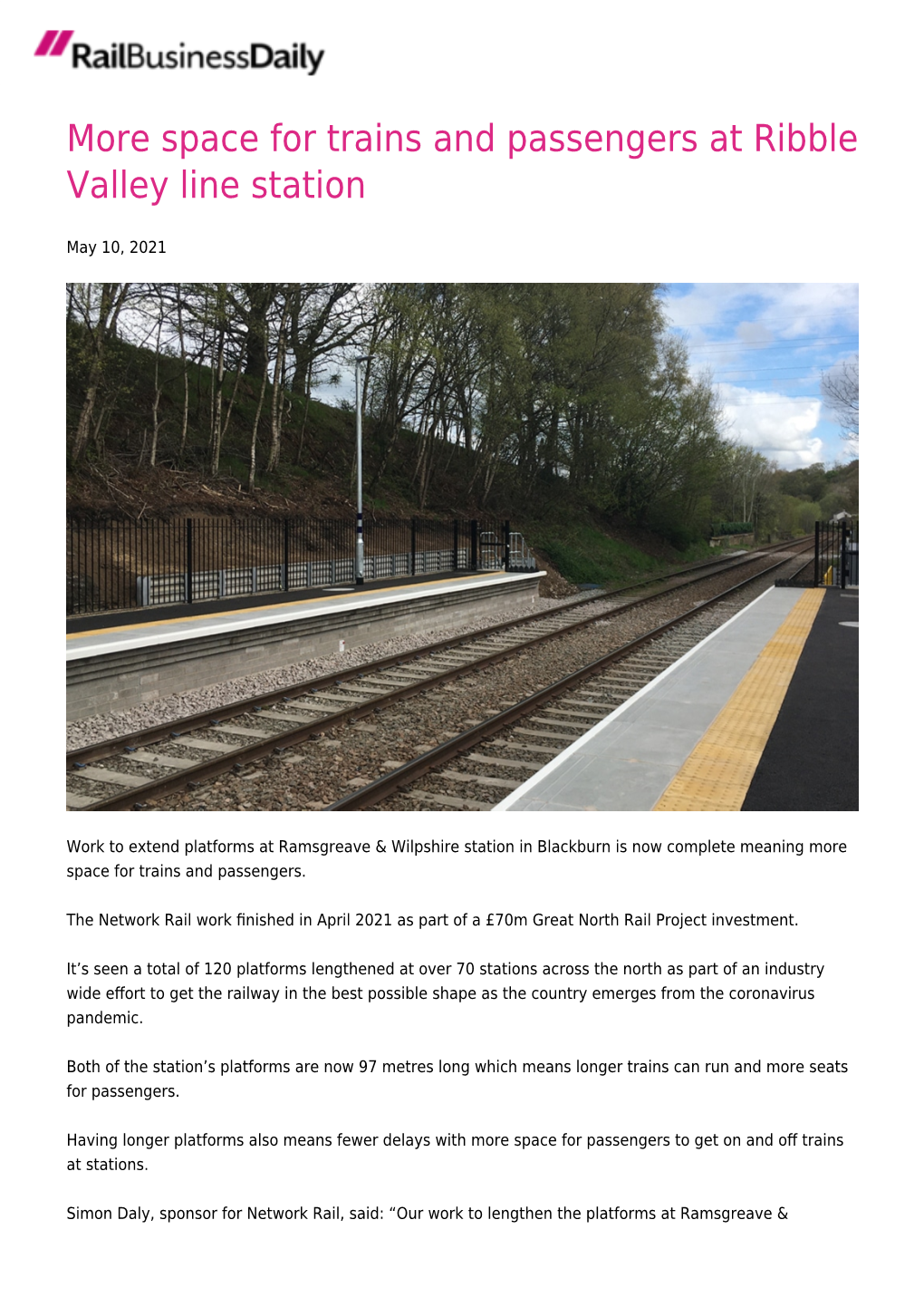 More Space for Trains and Passengers at Ribble Valley Line Station