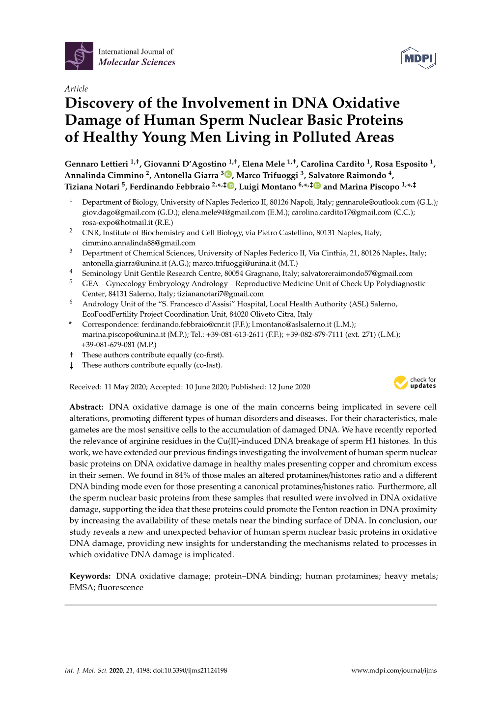 Discovery of the Involvement in DNA Oxidative Damage of Human Sperm Nuclear Basic Proteins of Healthy Young Men Living in Polluted Areas