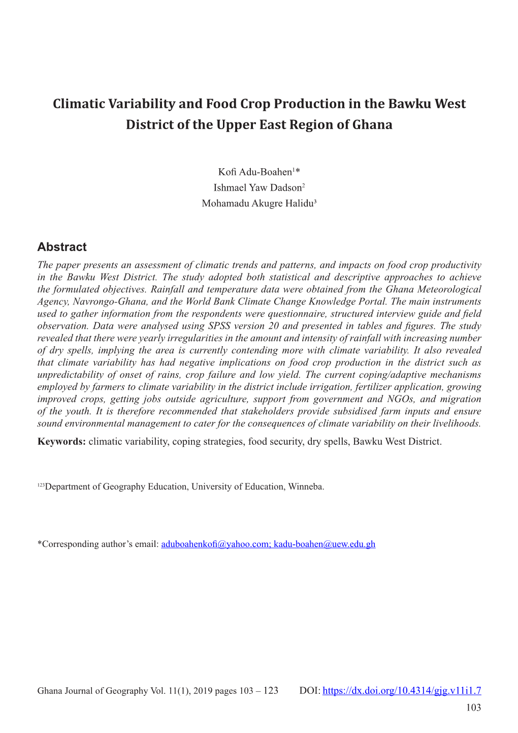 Climatic Variability and Food Crop Production in the Bawku West District of the Upper East Region of Ghana