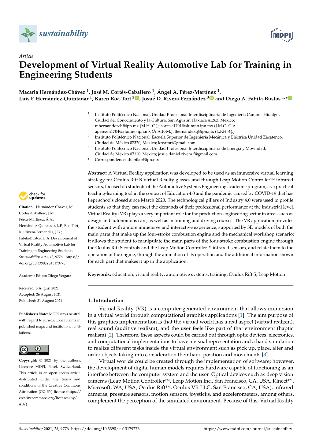 Development of Virtual Reality Automotive Lab for Training in Engineering Students