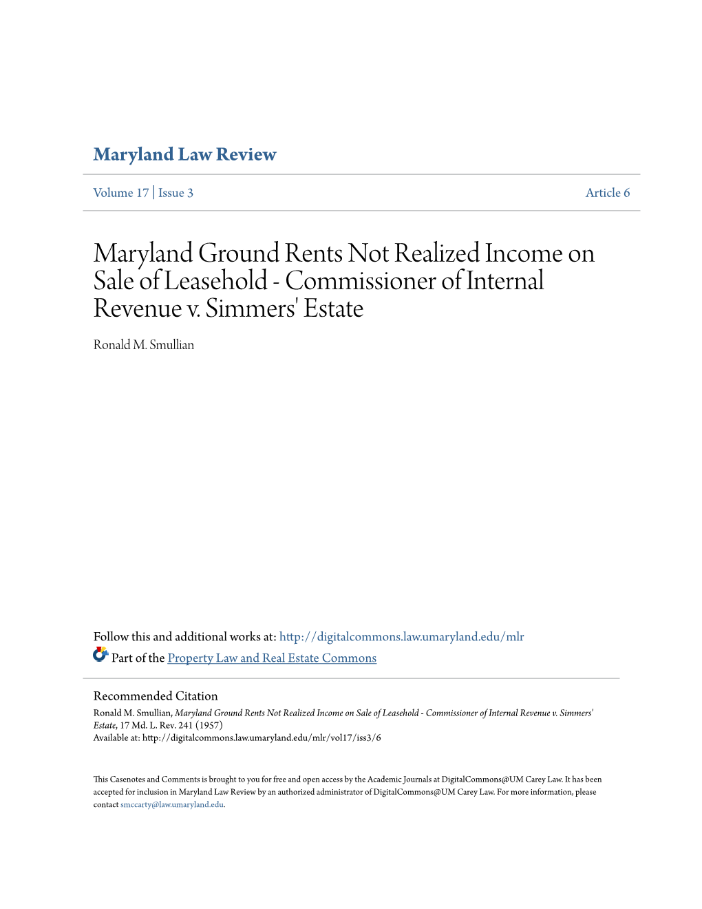 Maryland Ground Rents Not Realized Income on Sale of Leasehold - Commissioner of Internal Revenue V