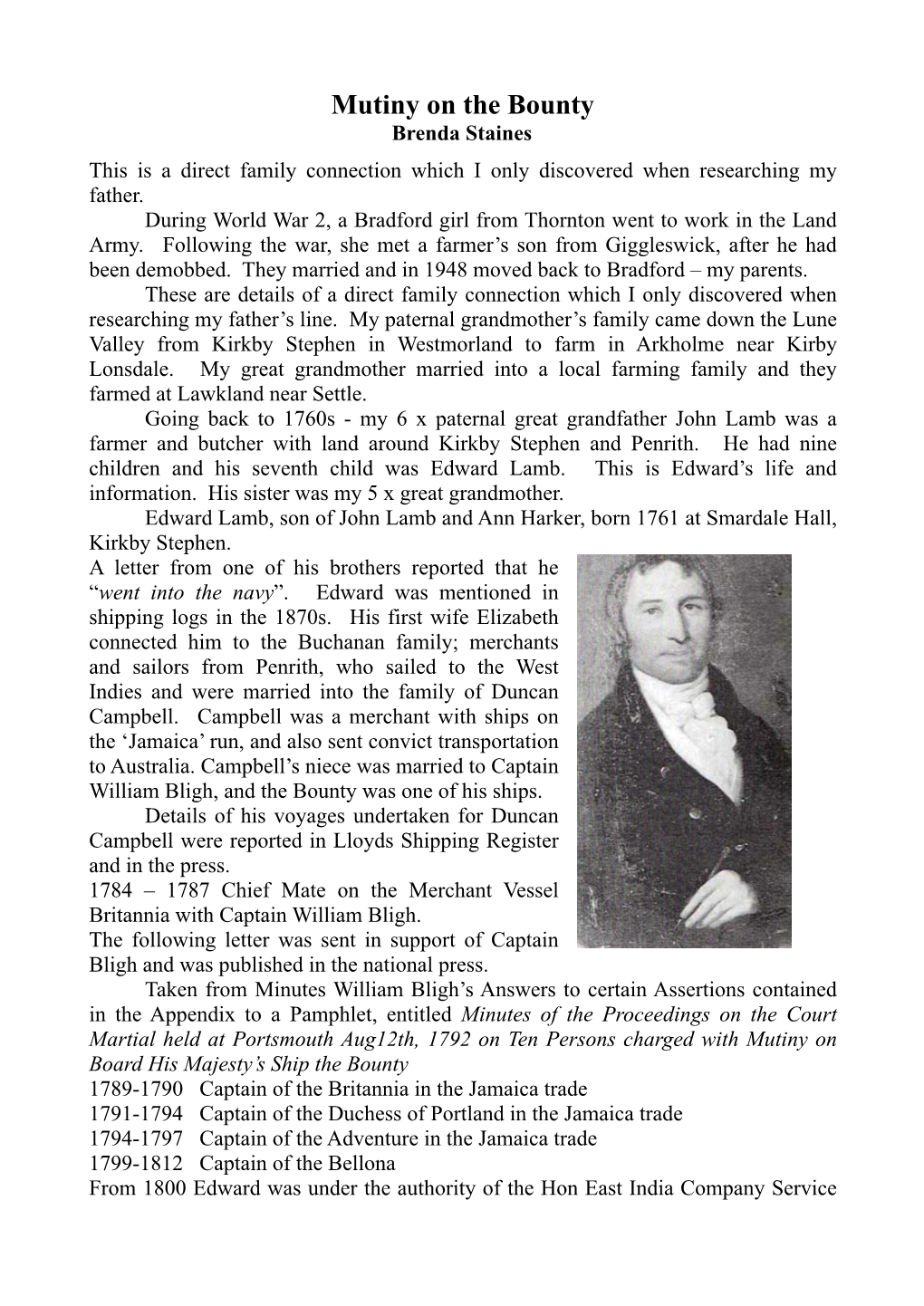 Mutiny on the Bounty Brenda Staines This Is a Direct Family Connection Which I Only Discovered When Researching My Father