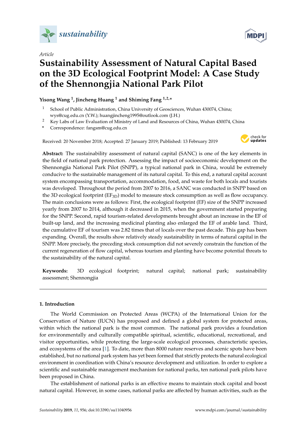 Sustainability Assessment of Natural Capital Based on the 3D Ecological Footprint Model: a Case Study of the Shennongjia National Park Pilot