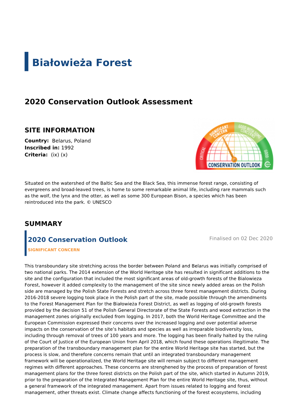 2020 Conservation Outlook Assessment