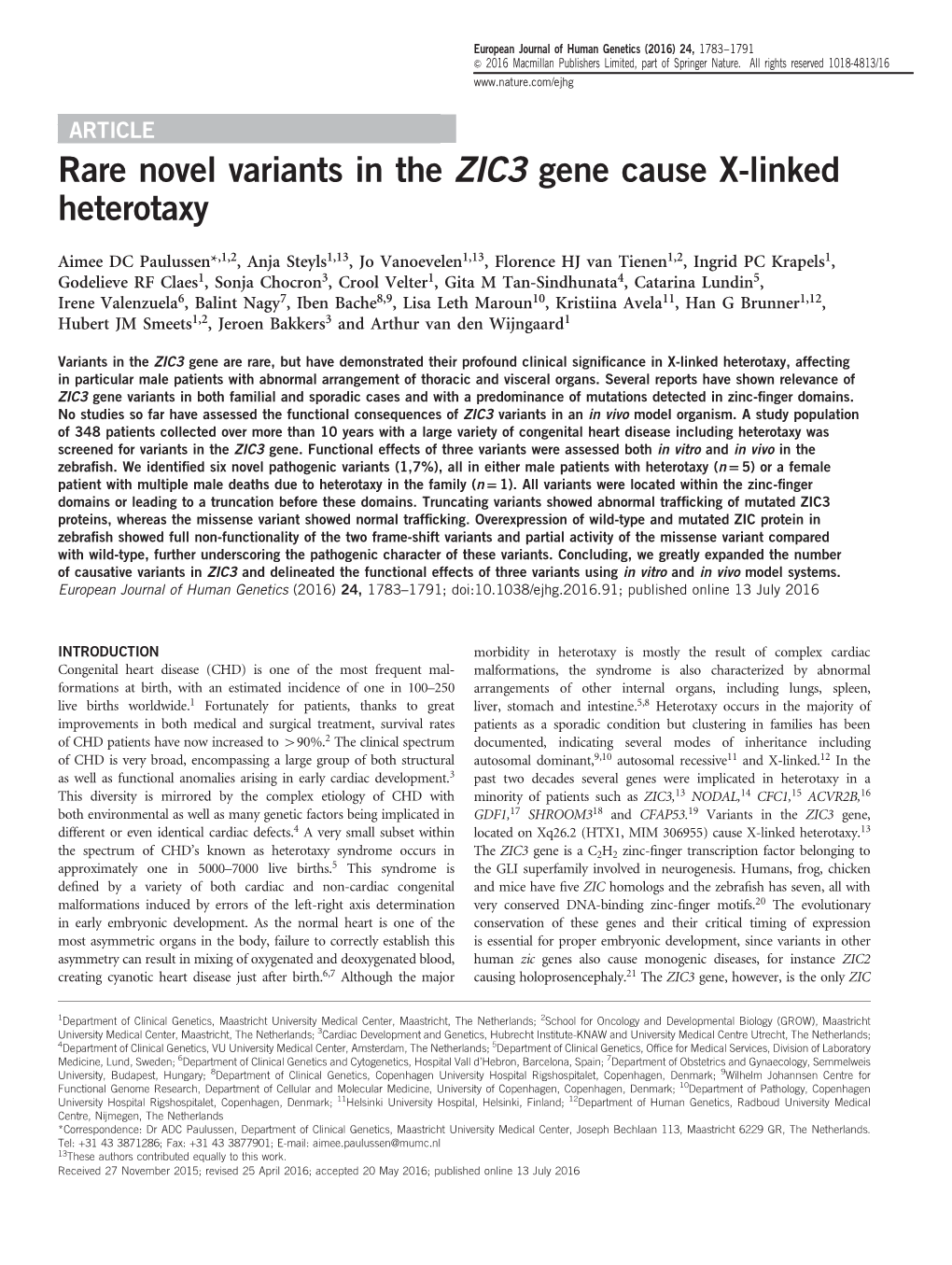 Rare Novel Variants in the ZIC3 Gene Cause X-Linked Heterotaxy