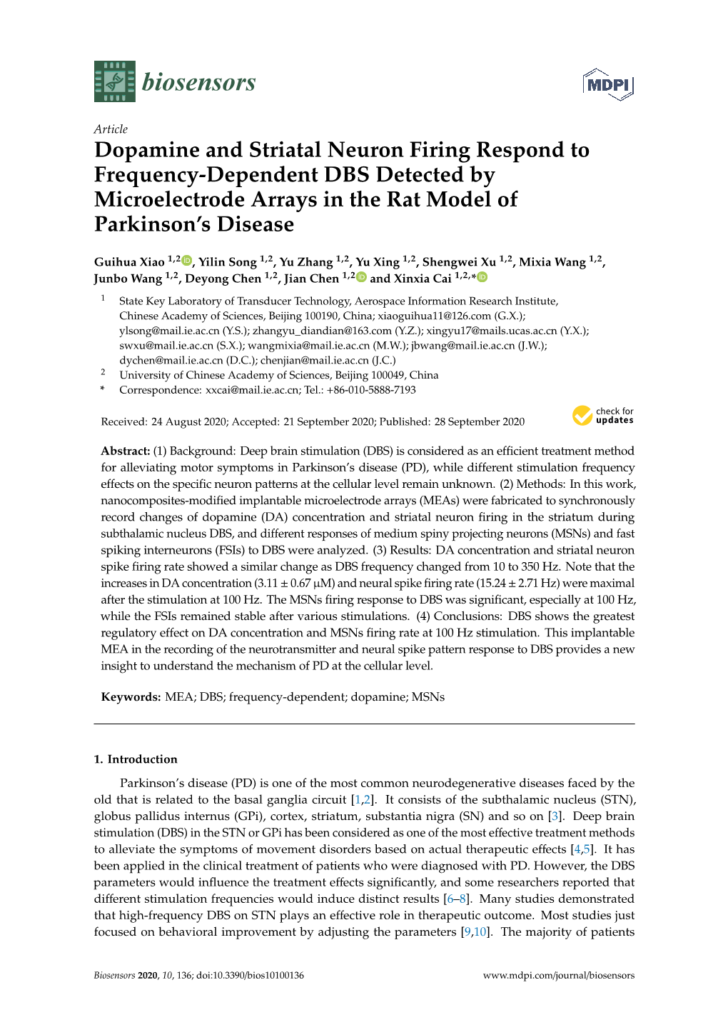Dopamine and Striatal Neuron Firing Respond to Frequency-Dependent DBS Detected by Microelectrode Arrays in the Rat Model of Parkinson’S Disease