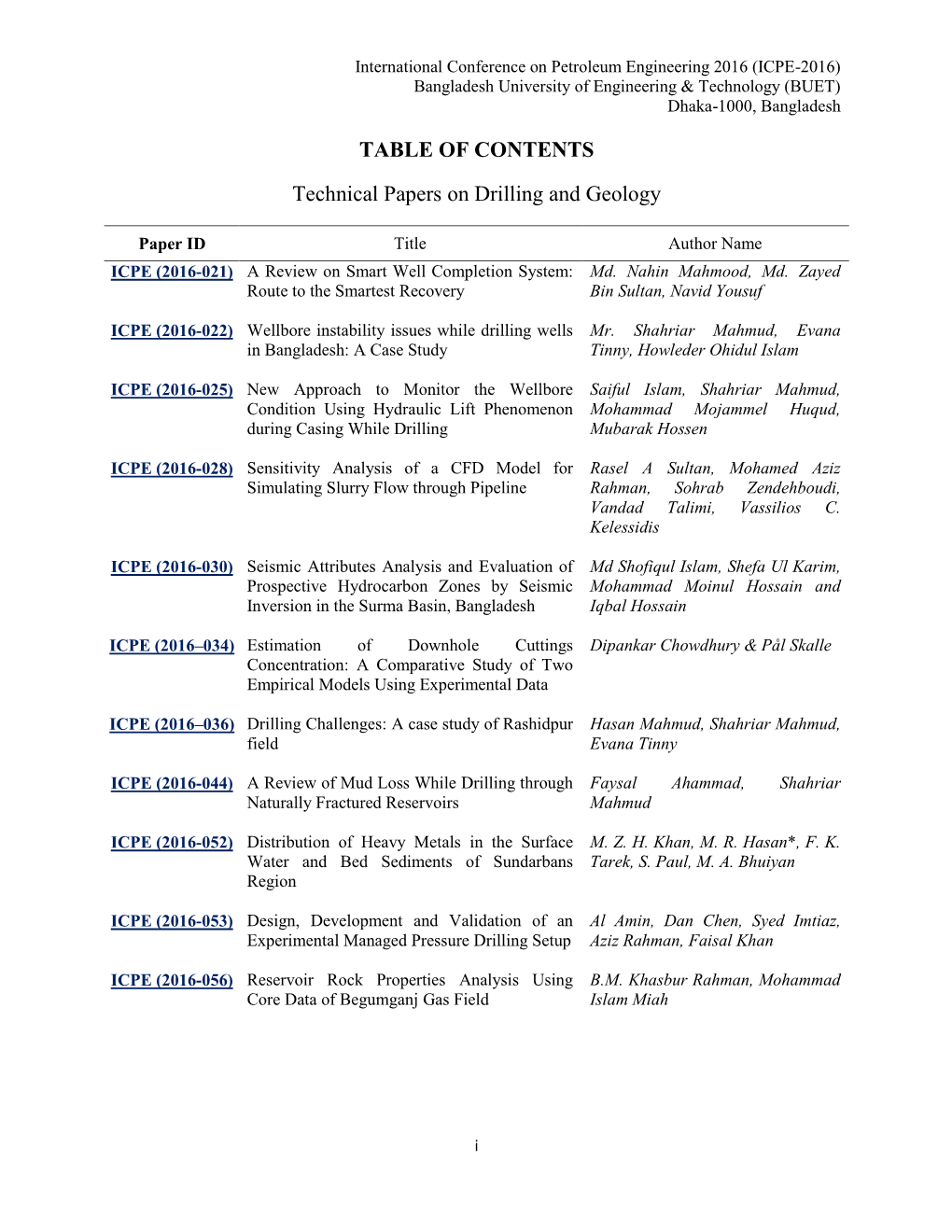 TABLE of CONTENTS Technical Papers on Drilling and Geology