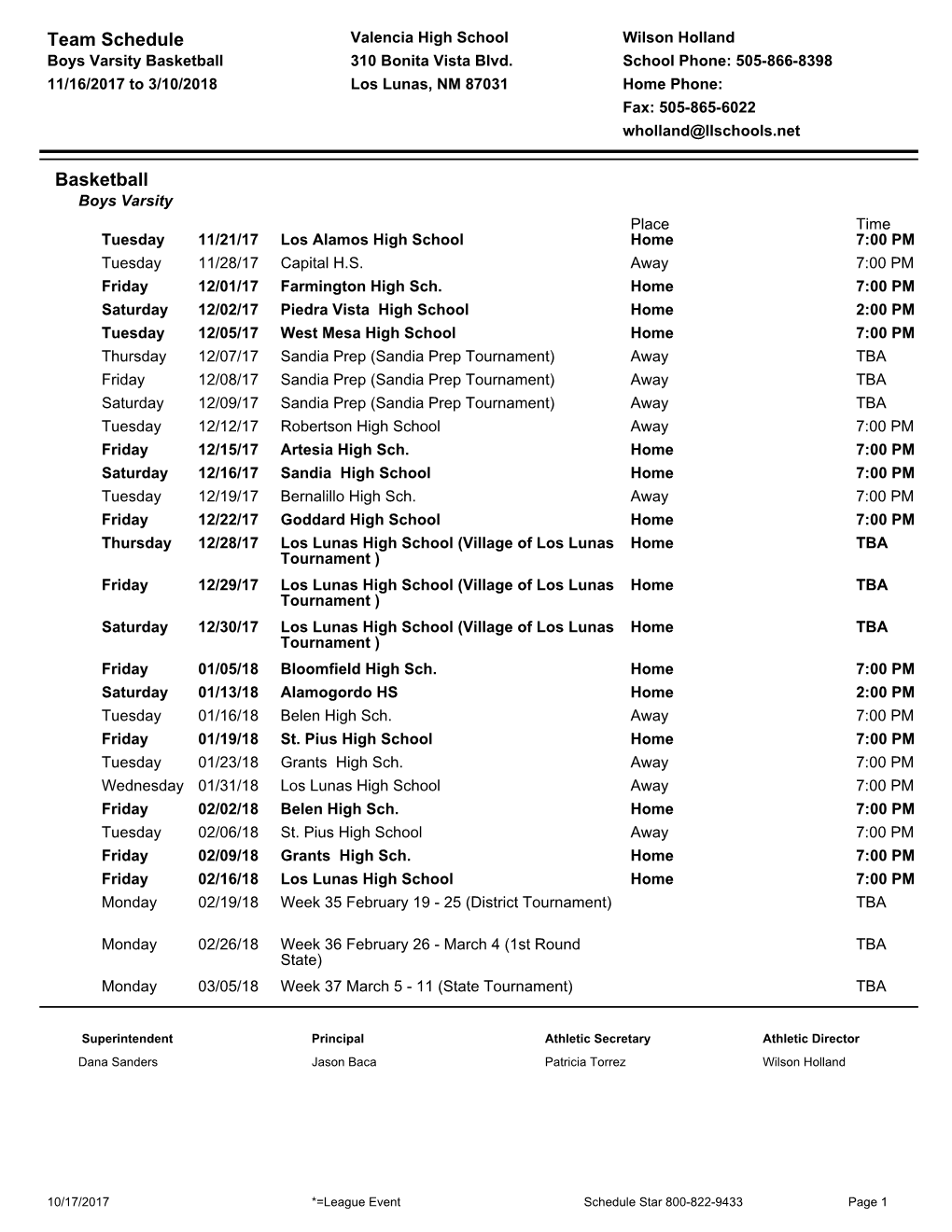 Team Schedule Basketball