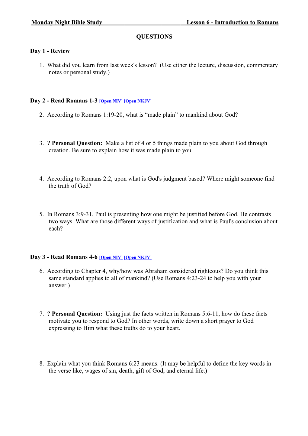 Monday Night Bible Study Lesson 6 - Introduction to Romans