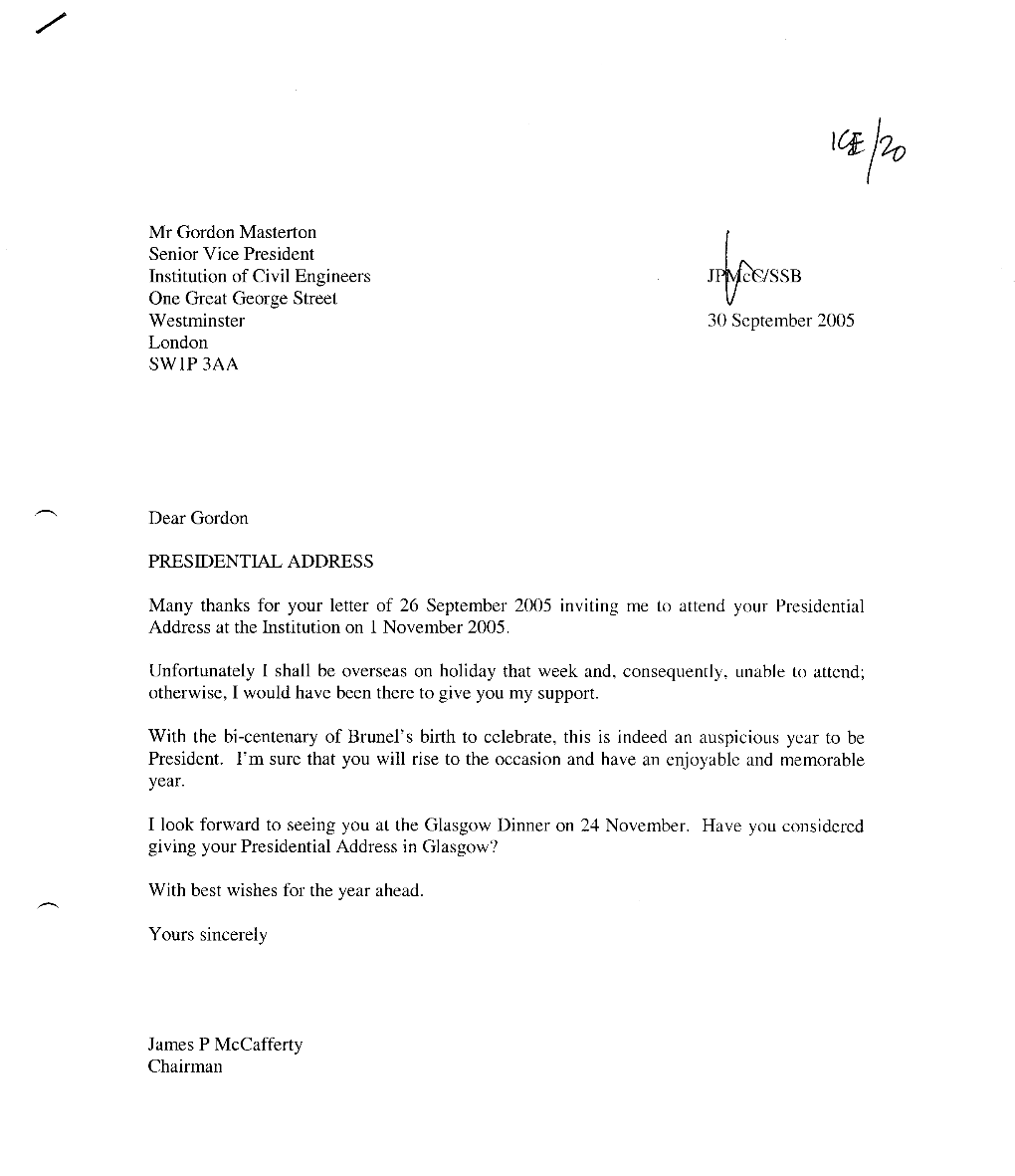 Mr Gordon Masterton Senior Vice President Institution of Civil Engineers One Great George Street Westminster 30 September 2005 London SW1P3AA