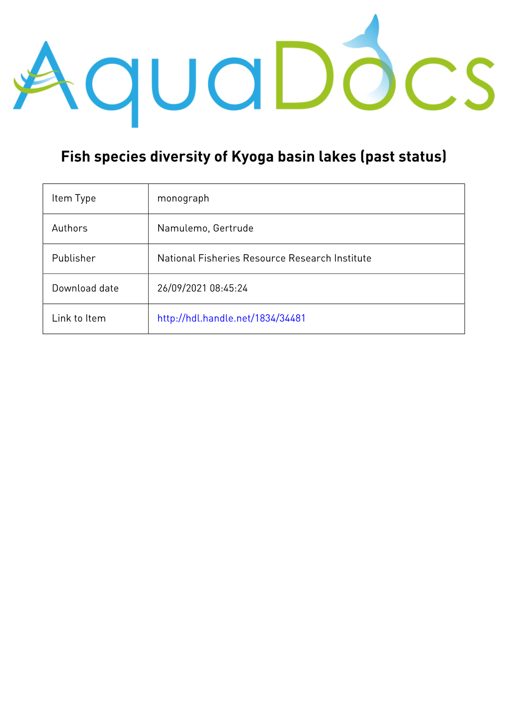 Fish Species Diversity of Kyoga Basin Lakes (Past Status)