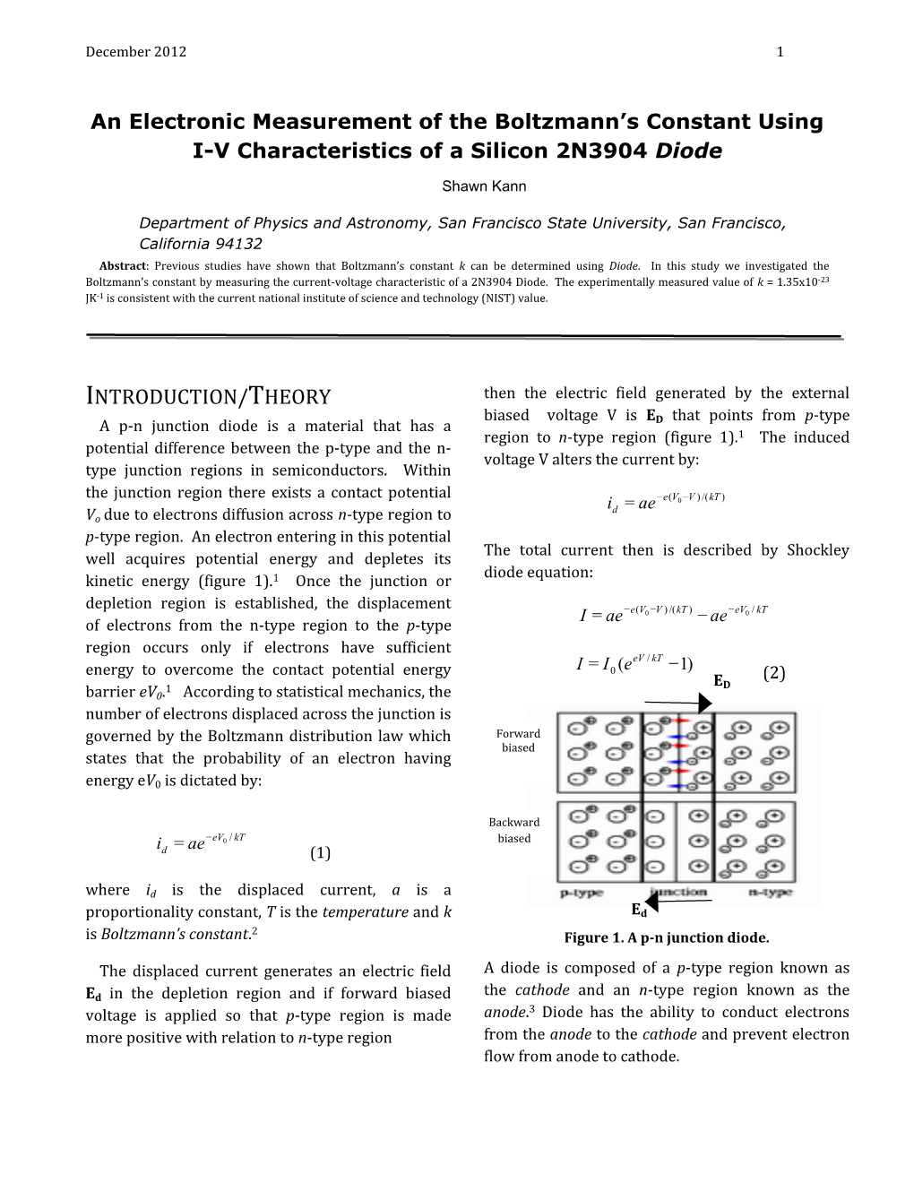 An Electronic Measurement of the Boltzmann's Constant Using I-V