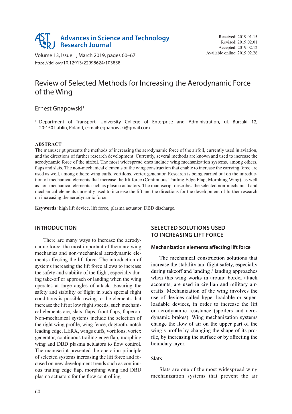 Review of Selected Methods for Increasing the Aerodynamic Force of the Wing