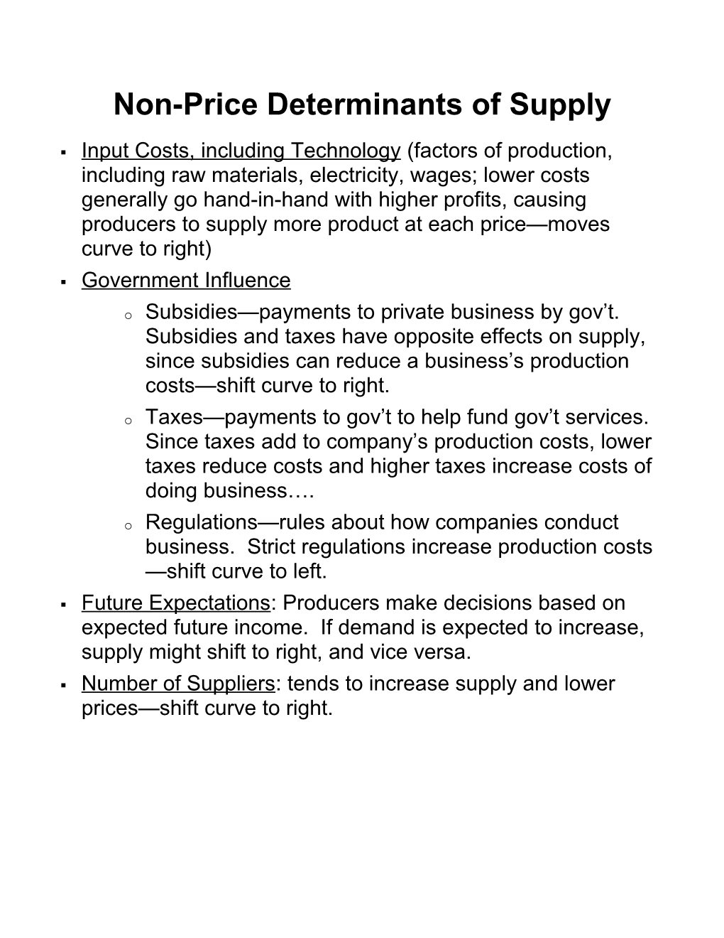 Non-Price Determinants of Supply