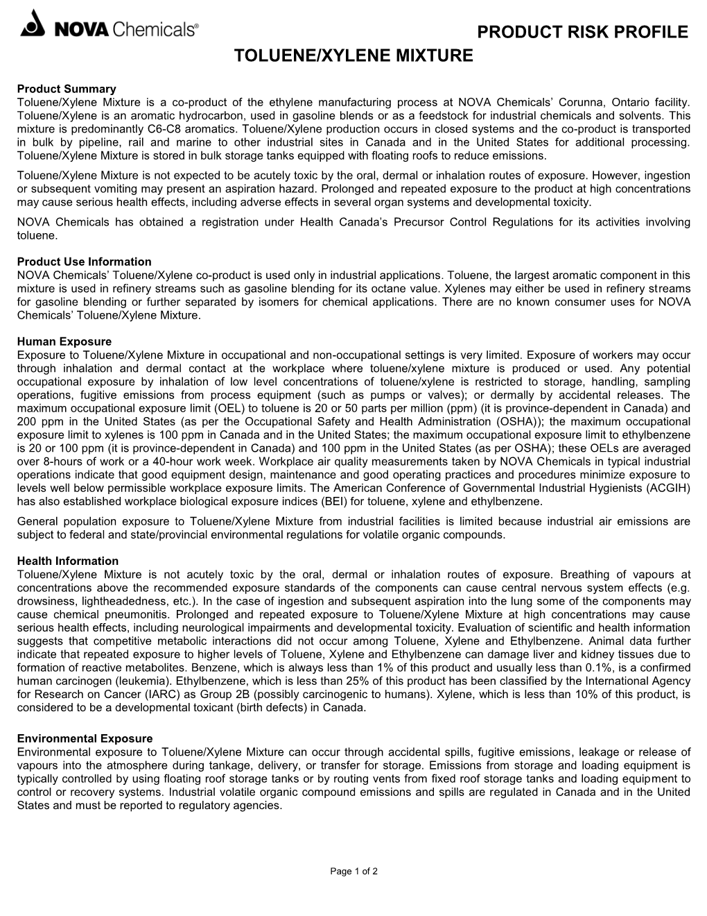 Product Risk Profile Toluene/Xylene Mixture