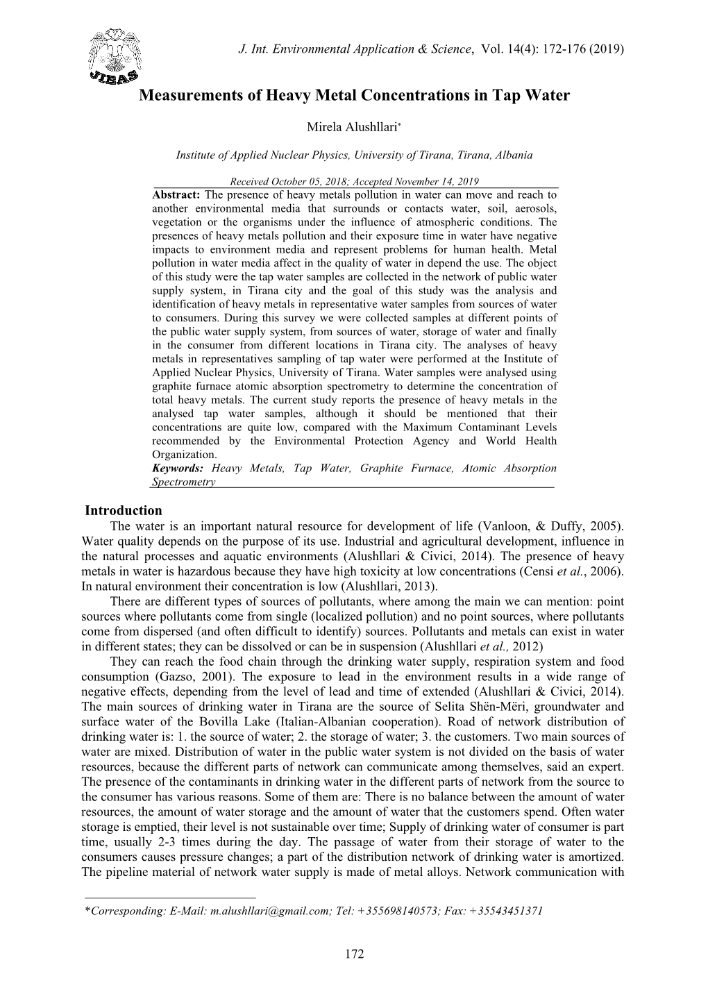 Measurements of Heavy Metal Concentrations in Tap Water